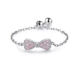 925 Sterling Silver Platinum Plated CZ Pink Bow Chain Ring